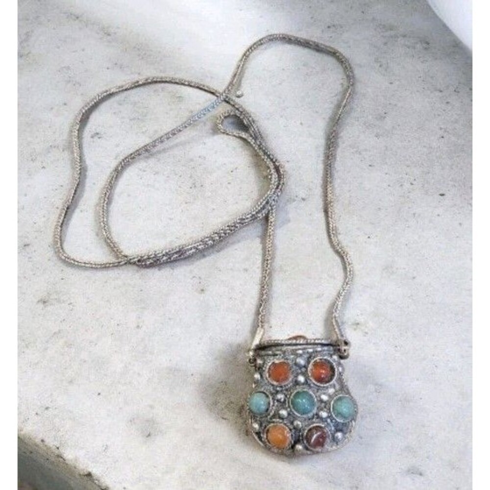 Vintage Small Brutalist Metal Coin Pill Purse Necklace Simi Precious Stones 32"